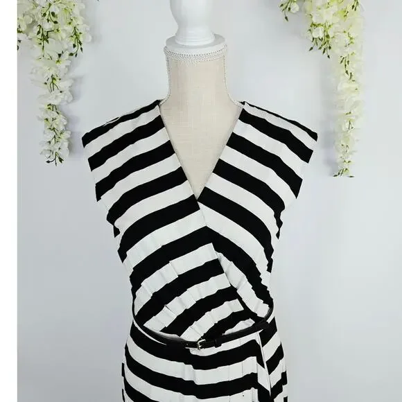 New Calvin Klein Size 6 Black White Striped Dress Belted Classic Chic Career - Picture 4 of 16
